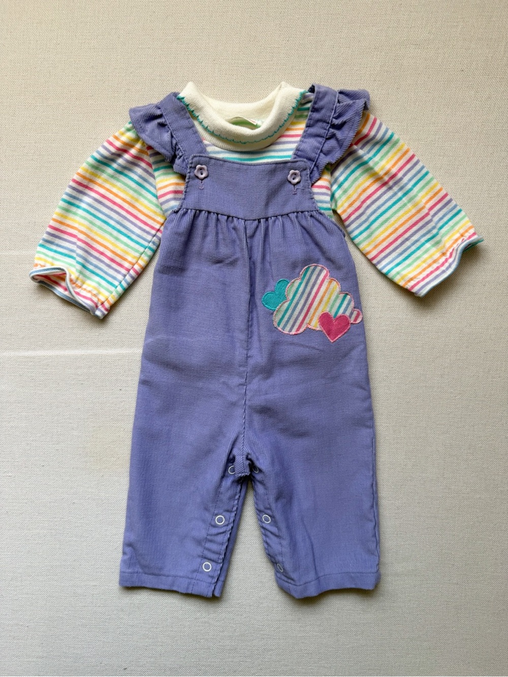Vintage Healthtex Purple Corduroy Romper Striped Turtleneck 2 Piece Set 3-6M